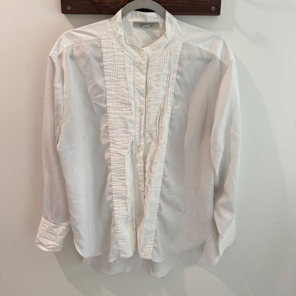 AllSaints Mae Shirt White Pleated Bib Tuxedo Blouse Organic Cotton US 6
